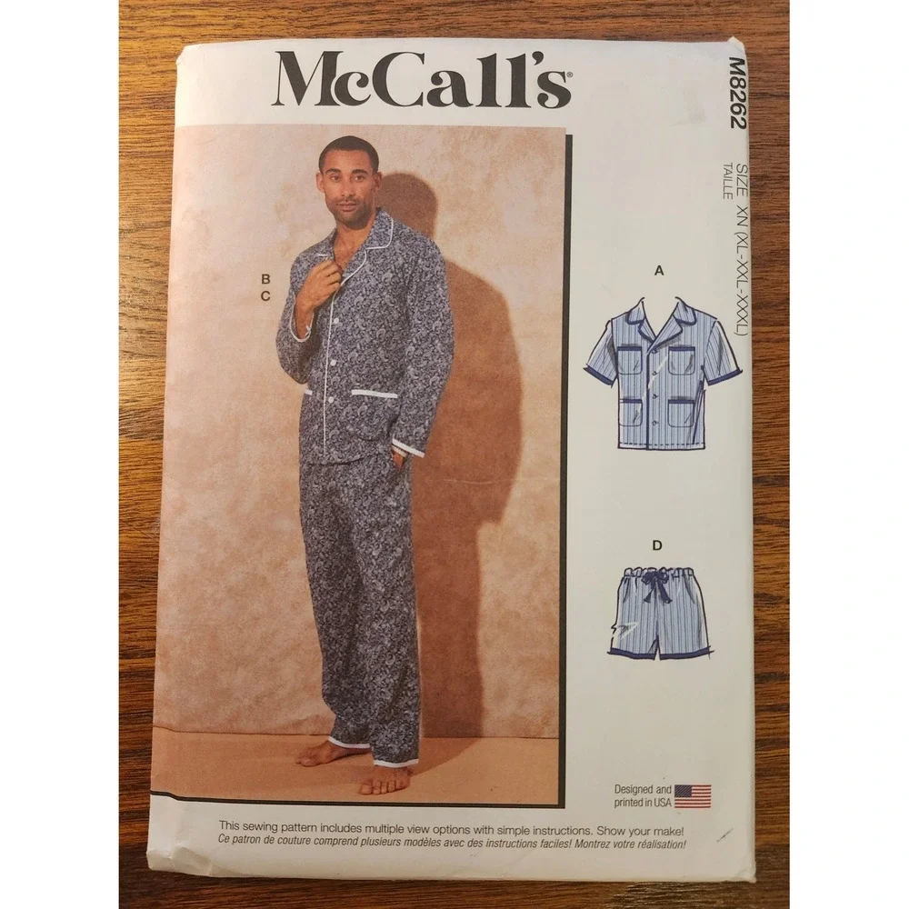 McCalls M8262 Mens Pajamas Sewing Pattern Size XL XXL XXXL Shirt Pants Shorts